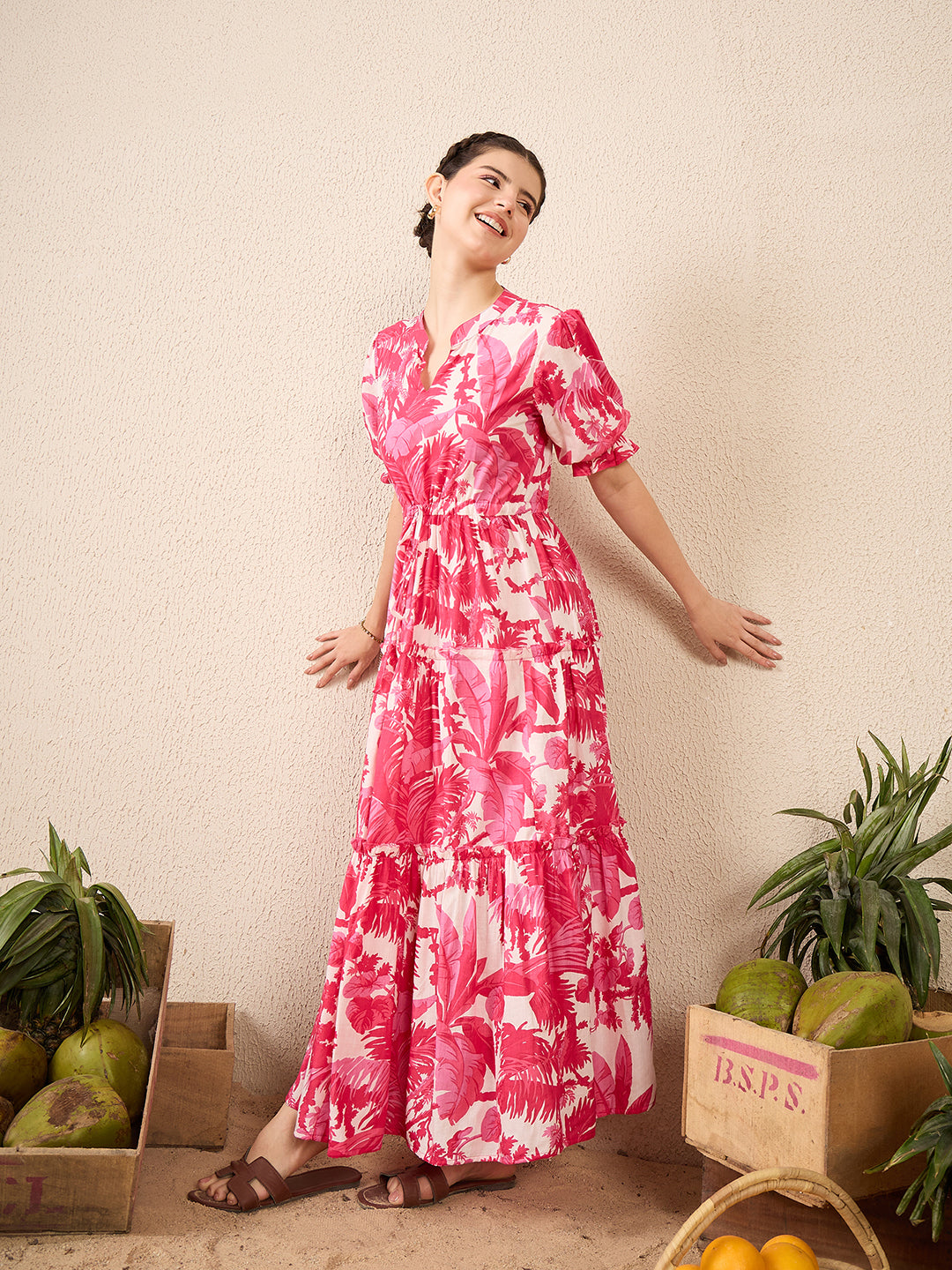 Puffed Sleeve Tiered Cotton Maxi Dress