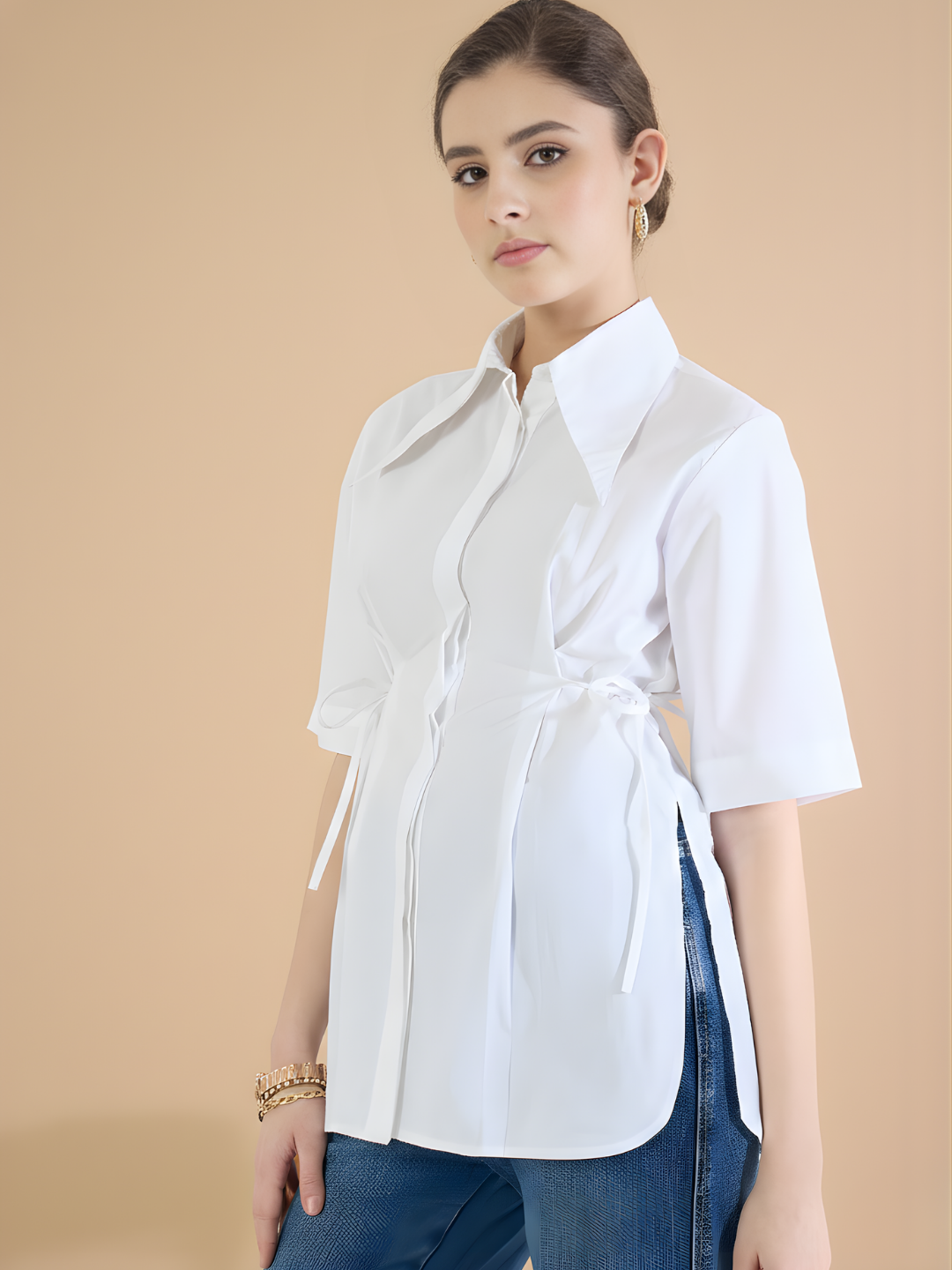 Pure Cotton Cinched Waist Collared Shirt