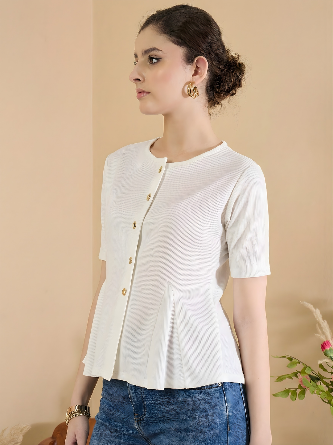Stretchable Ribbed Flared Peplum Top