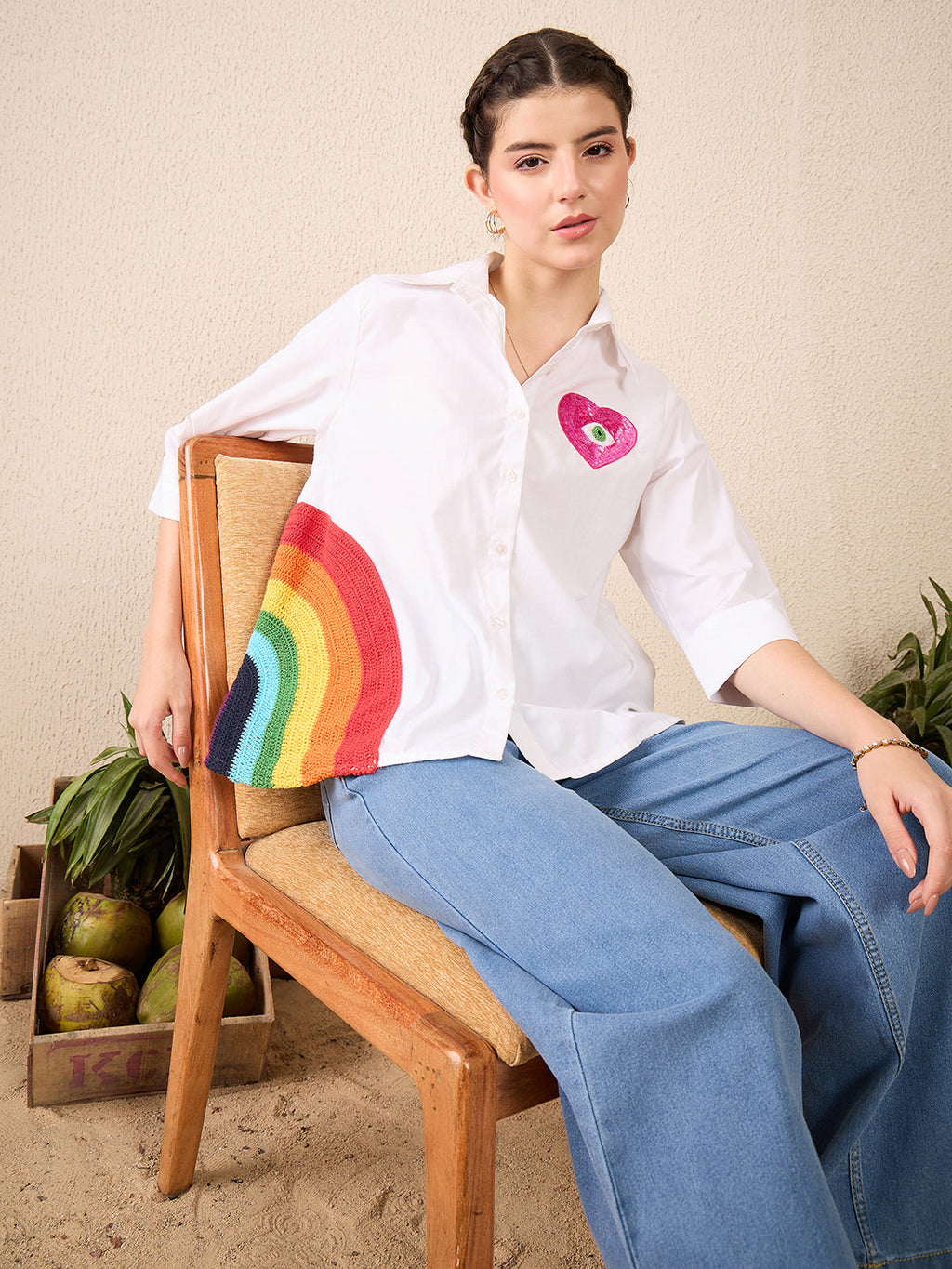 Cotton Boxy Shirt With Rainbow Crochet