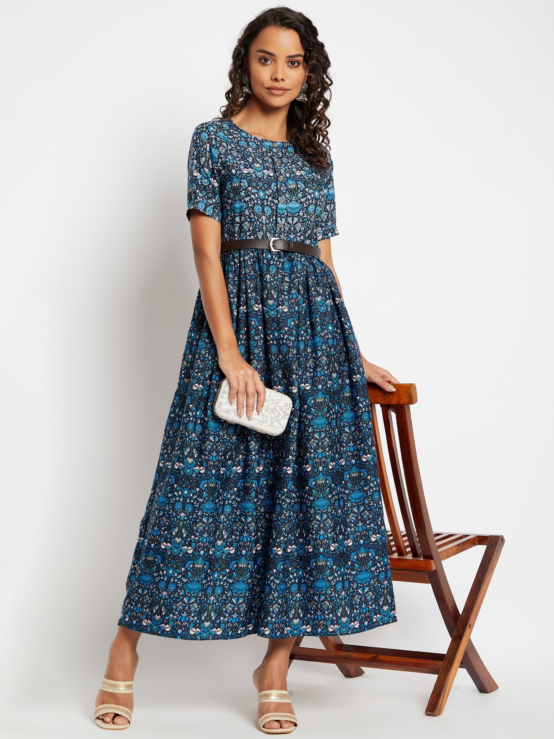 Printed Maxi Dress with Belt
