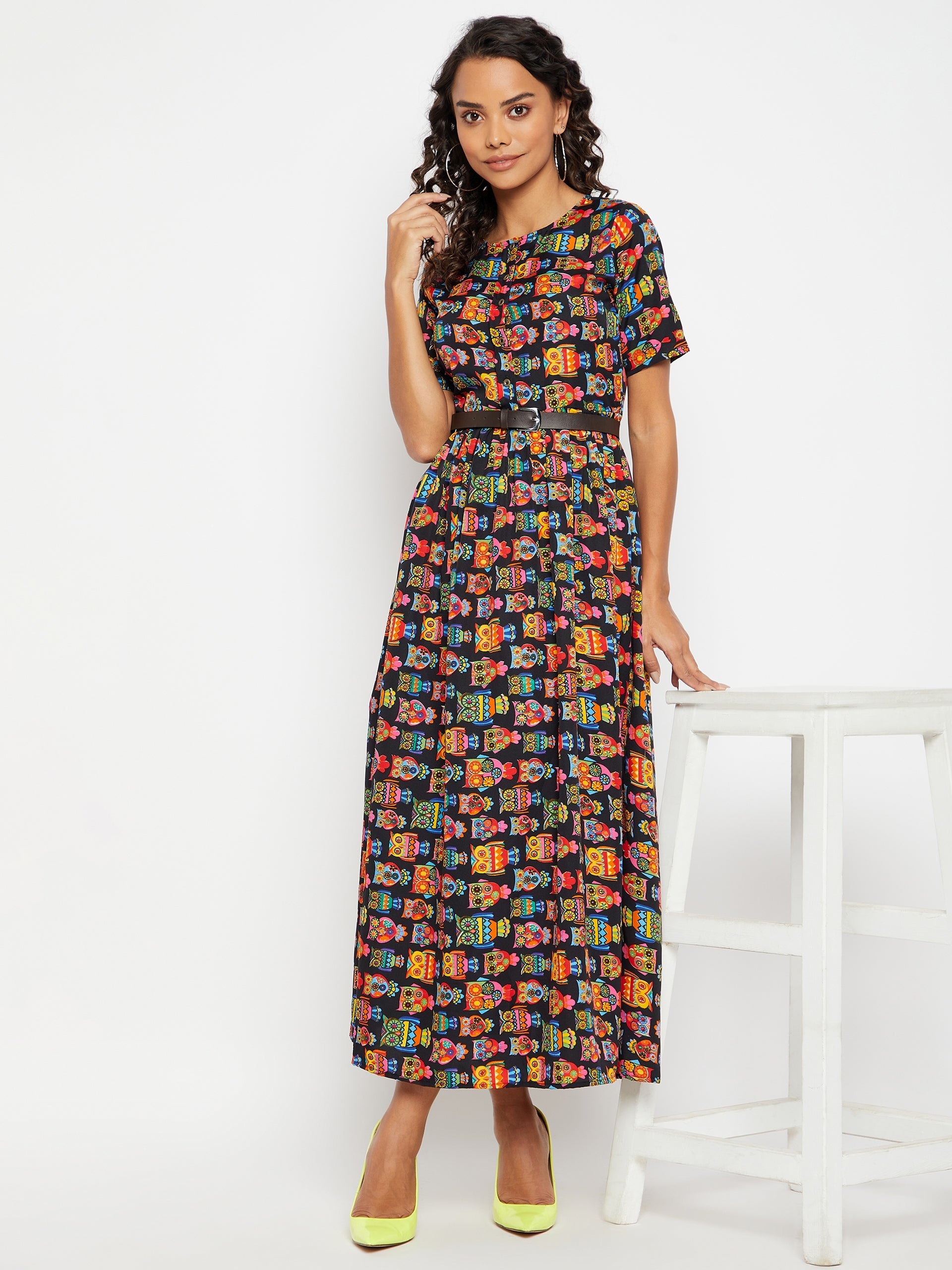 Printed Maxi Dress with Belt