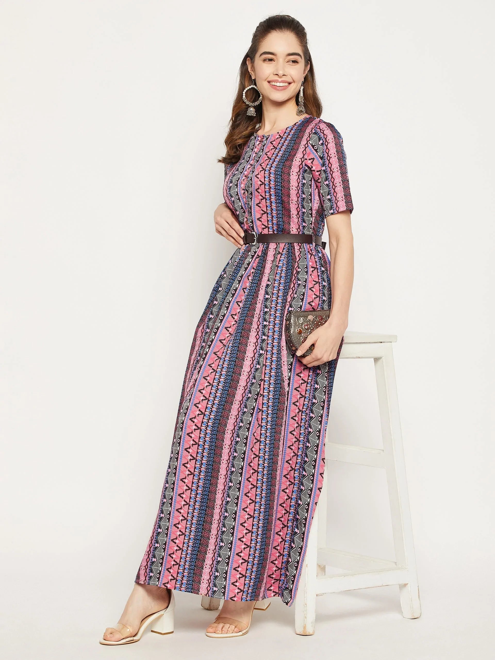 Printed Maxi Dress with Belt