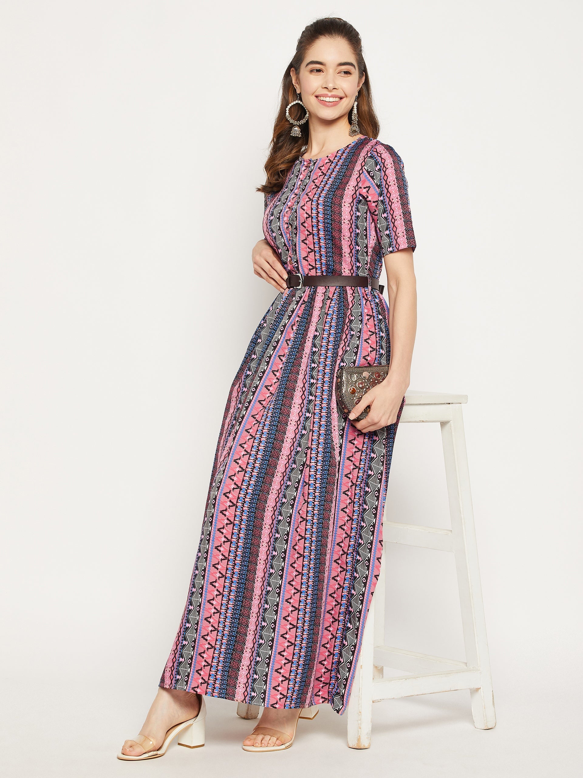 Printed Maxi Dress with Belt