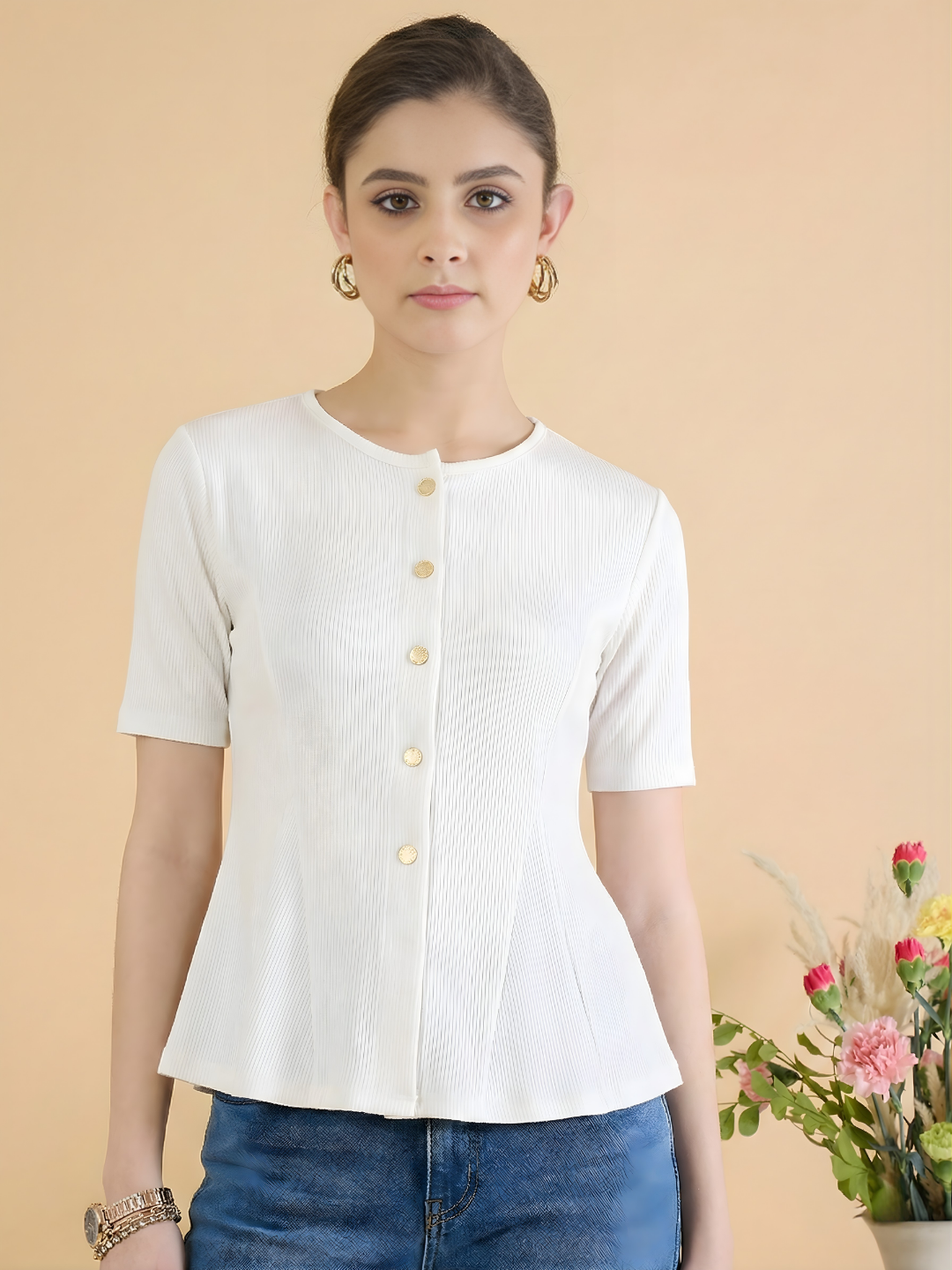Stretchable Ribbed Flared Peplum Top