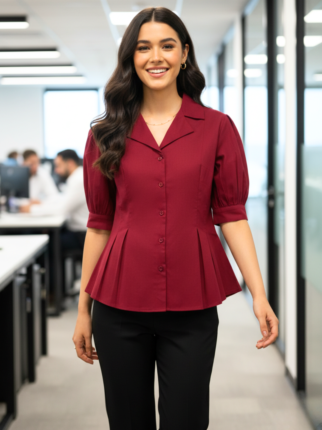 Puff Sleeve Pure Cotton Pleated Shirt