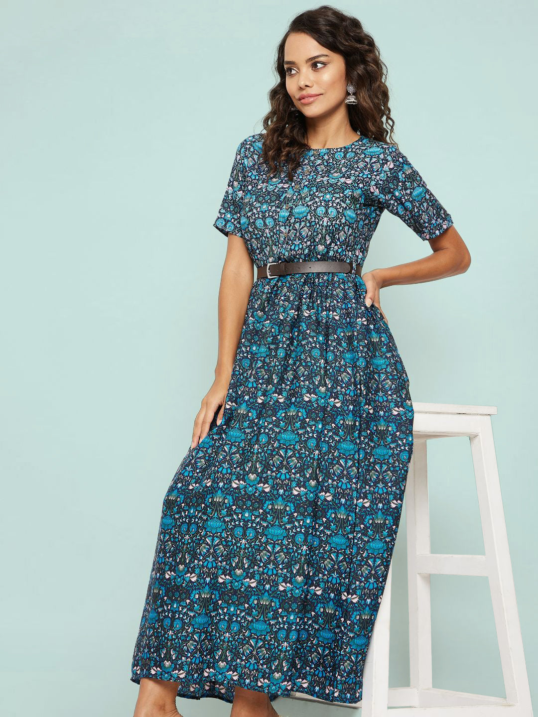 Printed Maxi Dress with Belt