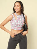 Printed Stretchable Shoulder Cutout Crop Top