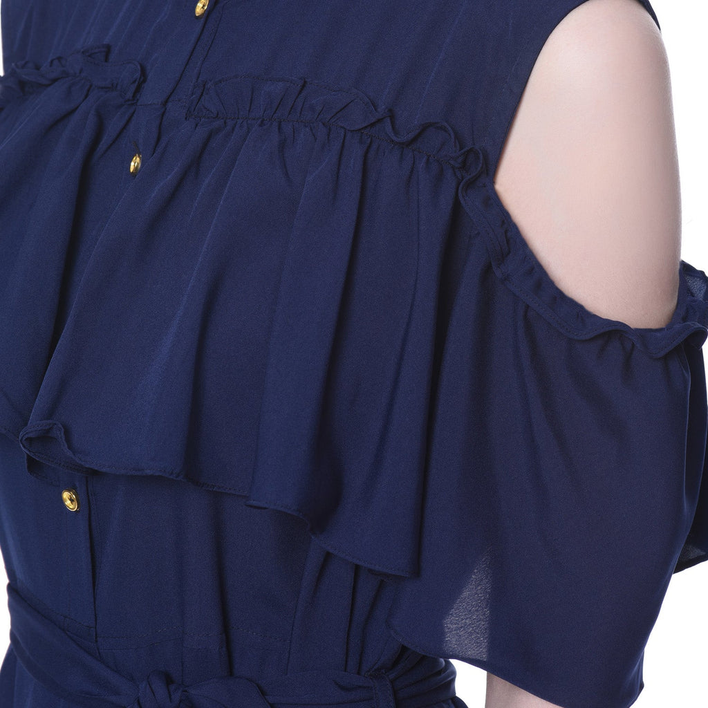 Ruffled Buttoned Cold Shoulder Maxi Dress