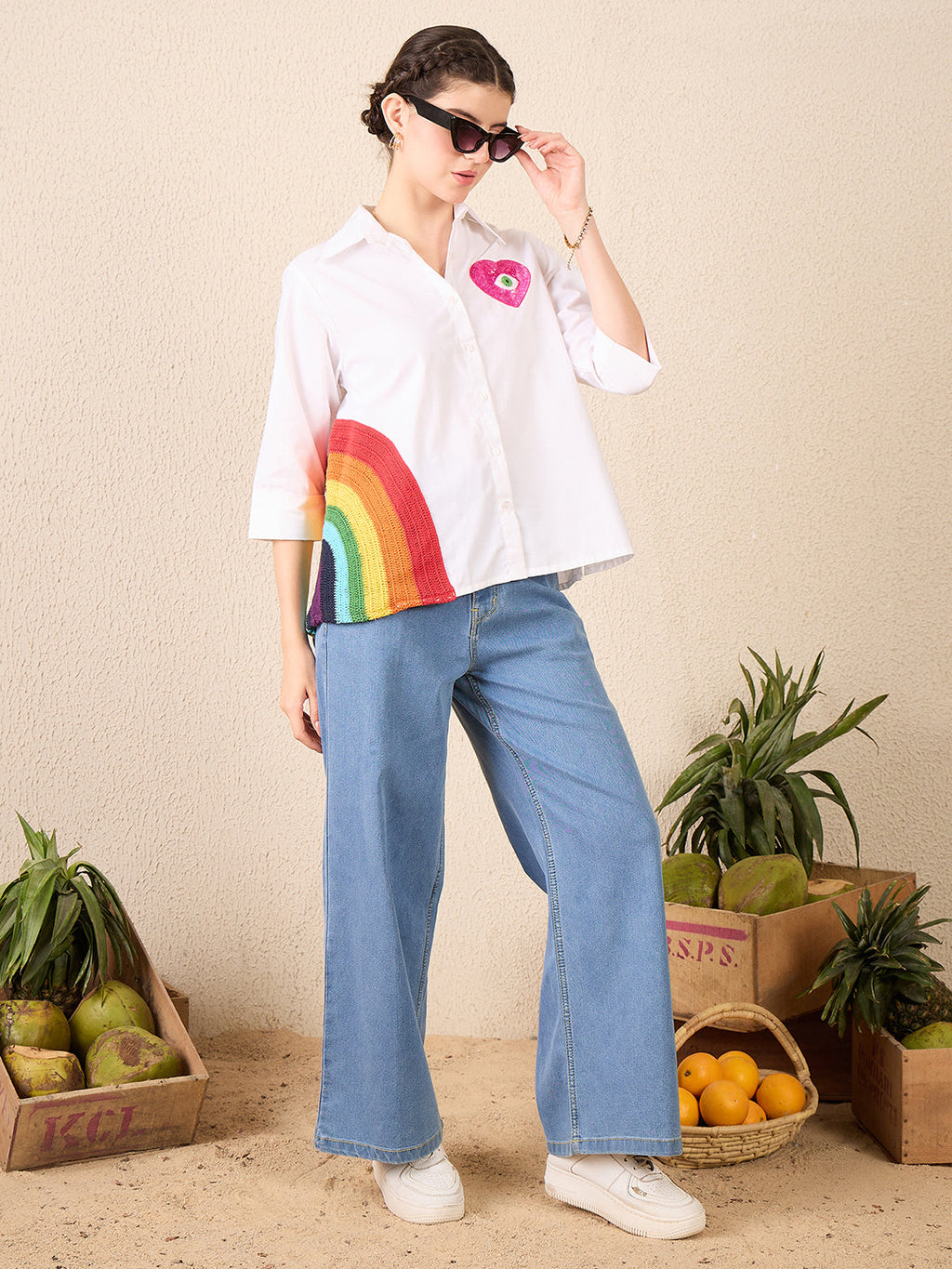 Cotton Boxy Shirt With Rainbow Crochet