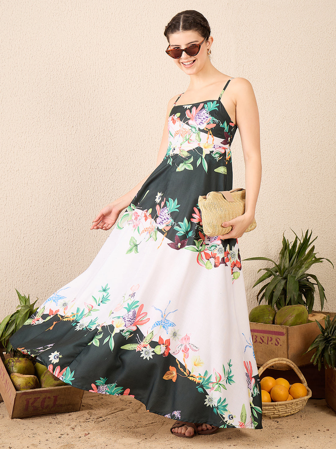 Printed A-Line Linen Maxi Dress
