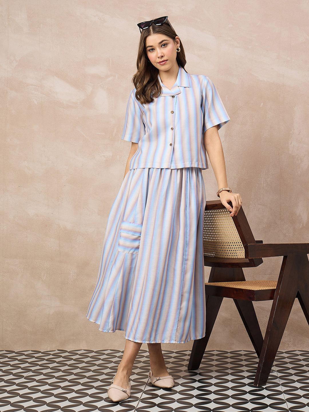 Pure Linen Shirt With Midi Skirt Set