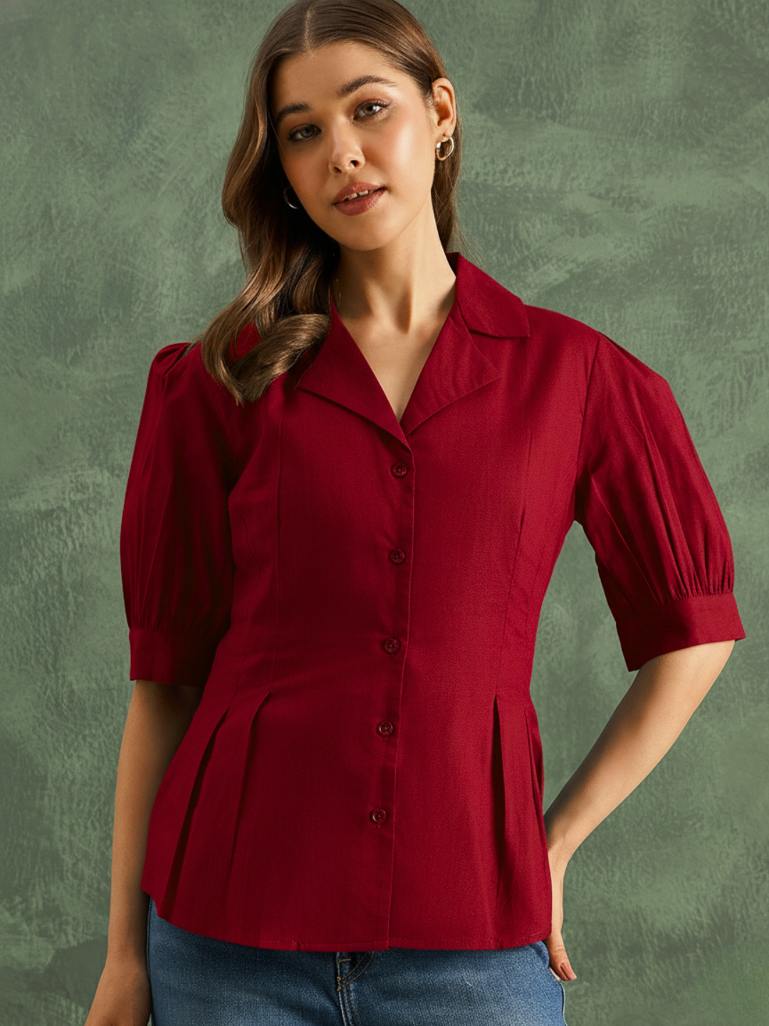 Puff Sleeve Pure Cotton Pleated Shirt