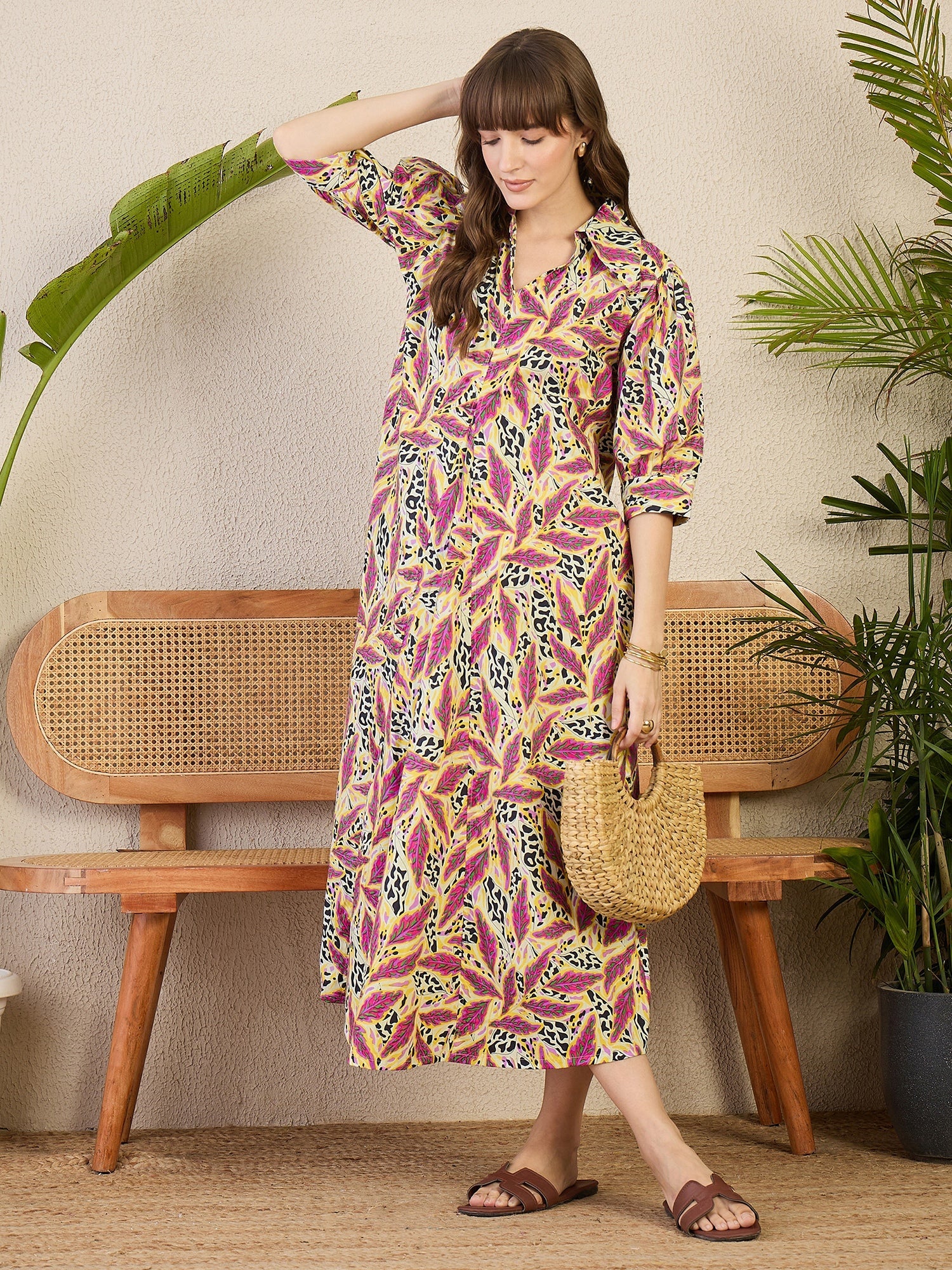 Front Pleated Cotton Midi Dress