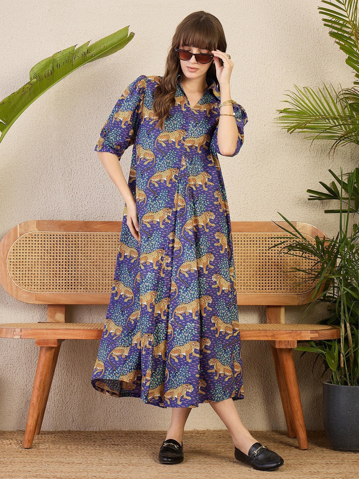Front Pleated Cotton Midi Dress