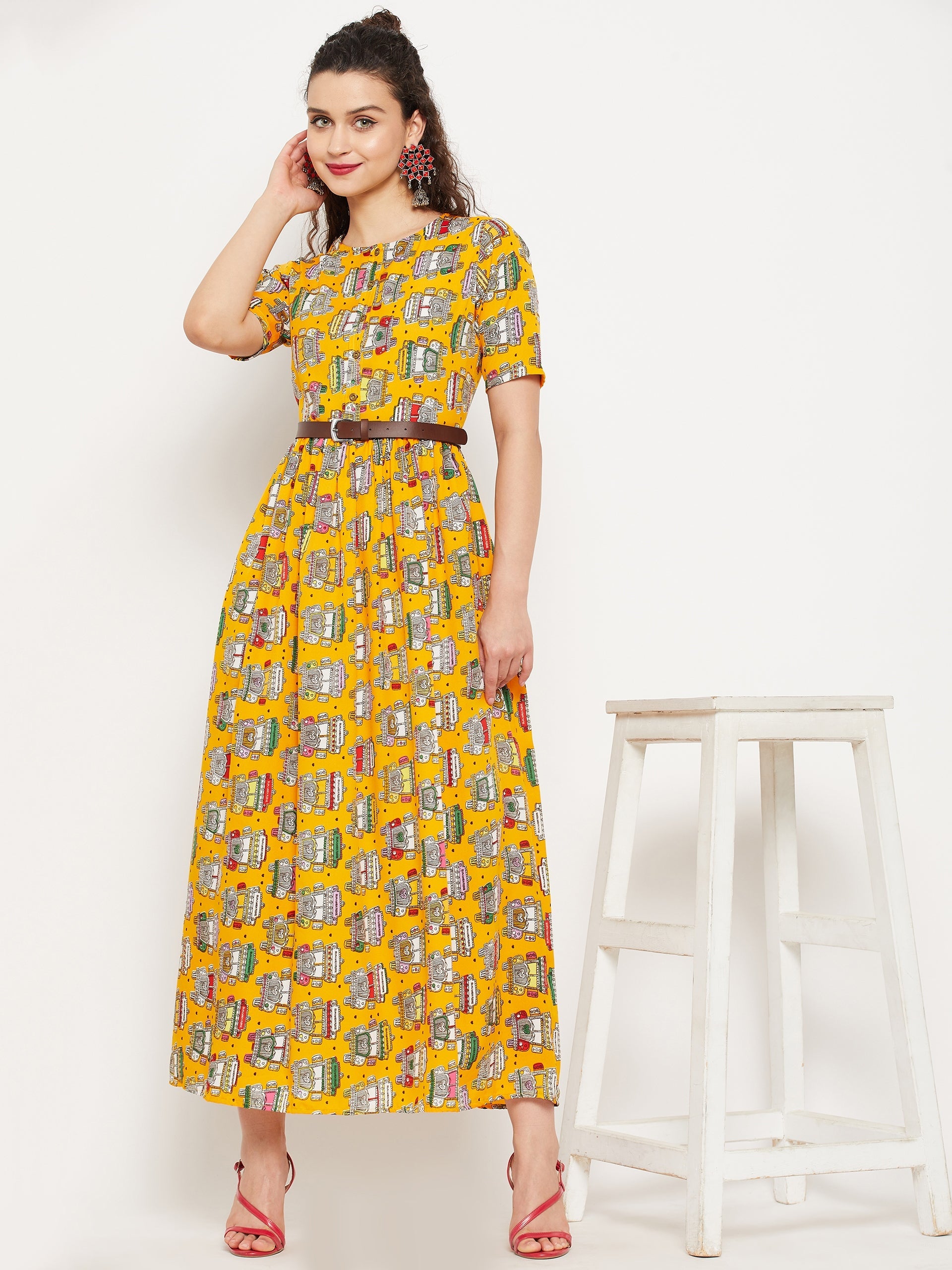 Printed Maxi Dress with Belt