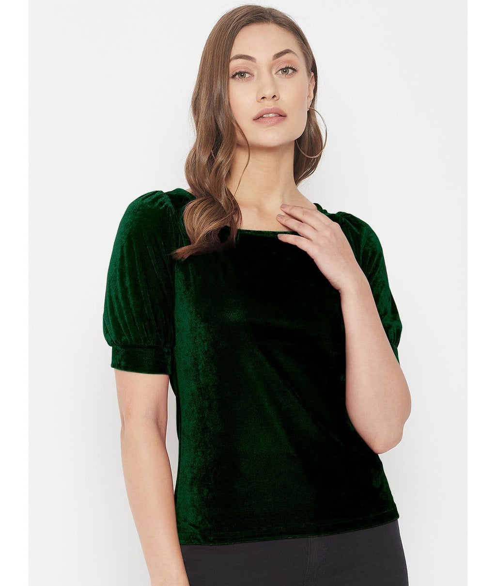 Stretchable Velvet Round Neck Puff Sleeve Top