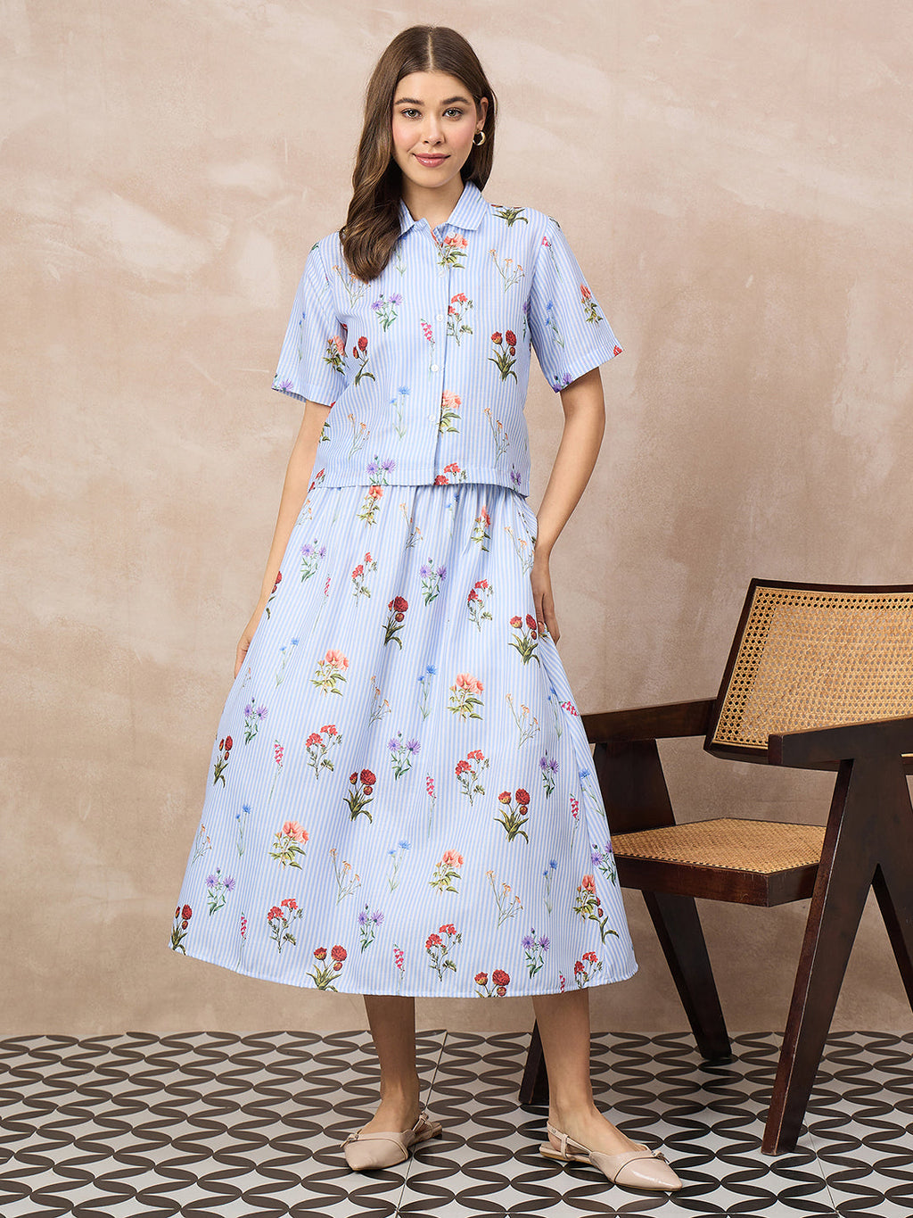 Pure Linen Printed Shirt With Skirt Set