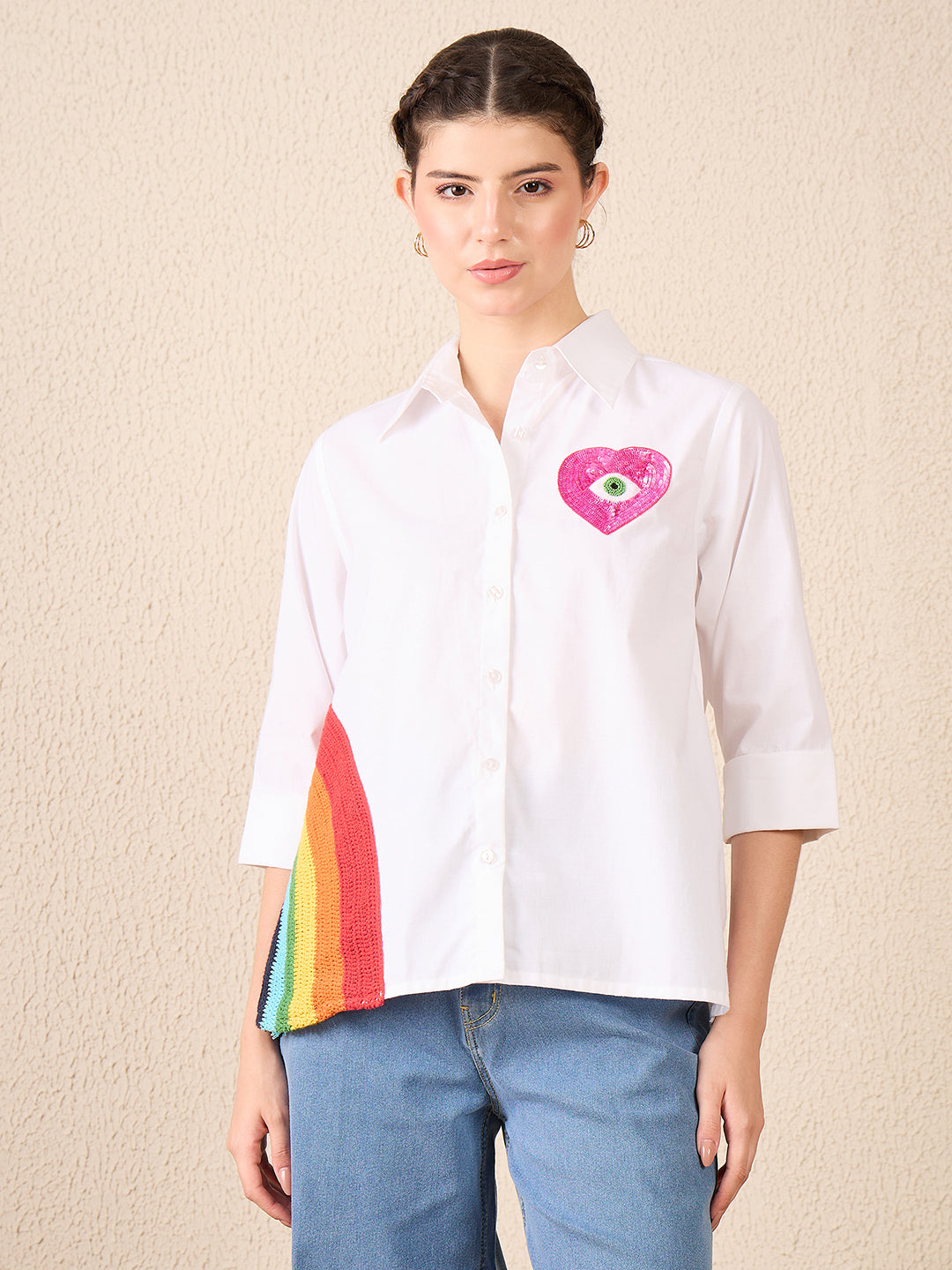 Cotton Boxy Shirt With Rainbow Crochet