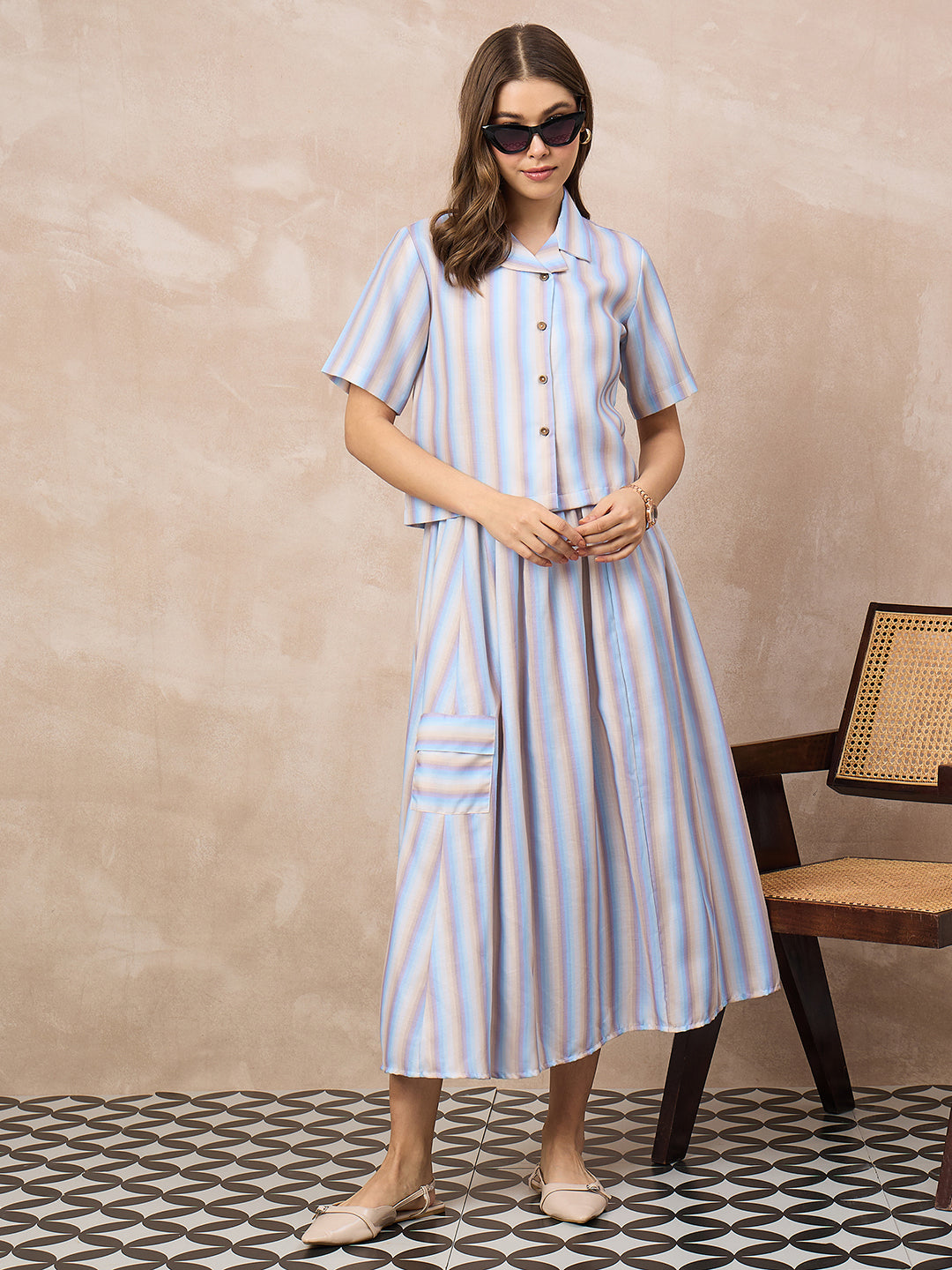 Pure Linen Shirt With Midi Skirt Set