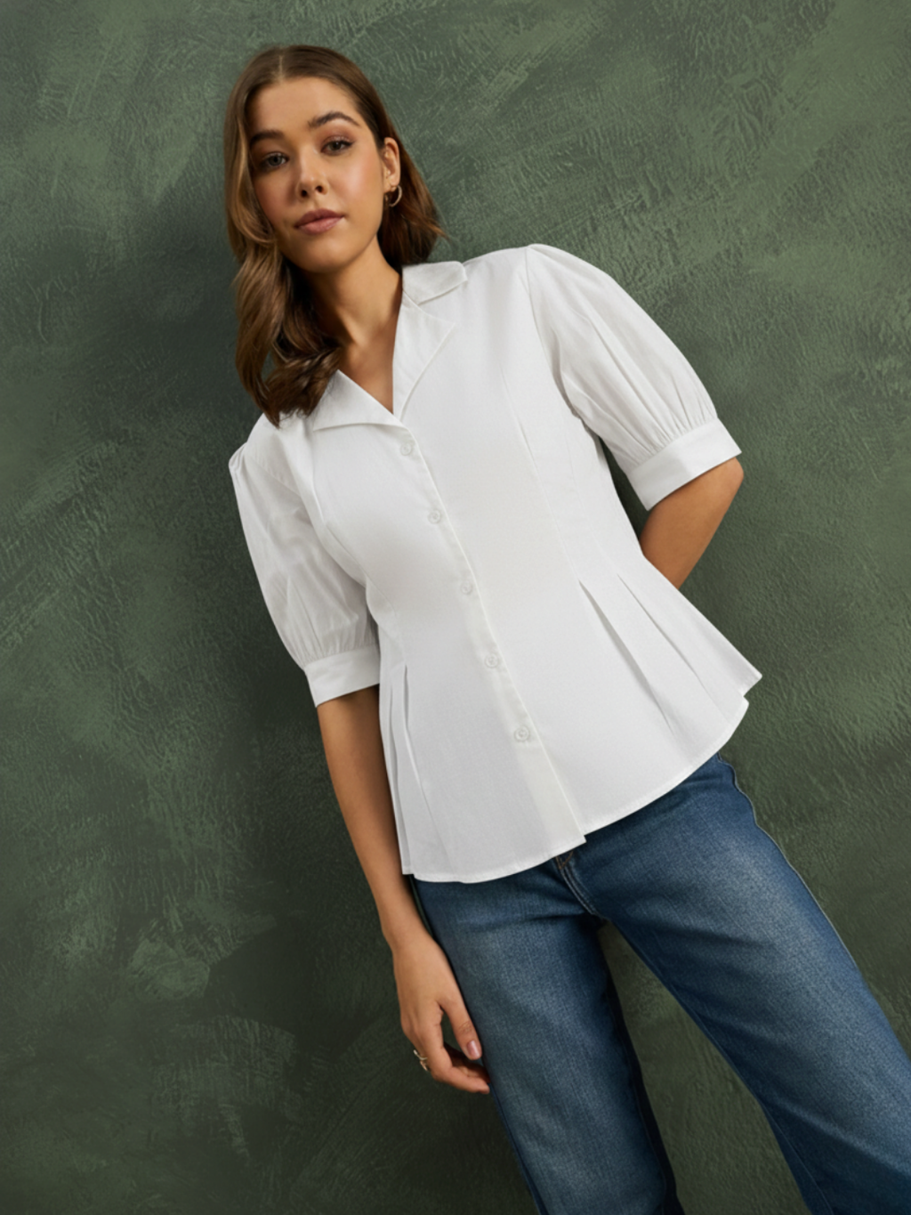 Puff Sleeve Pure Cotton Pleated Shirt