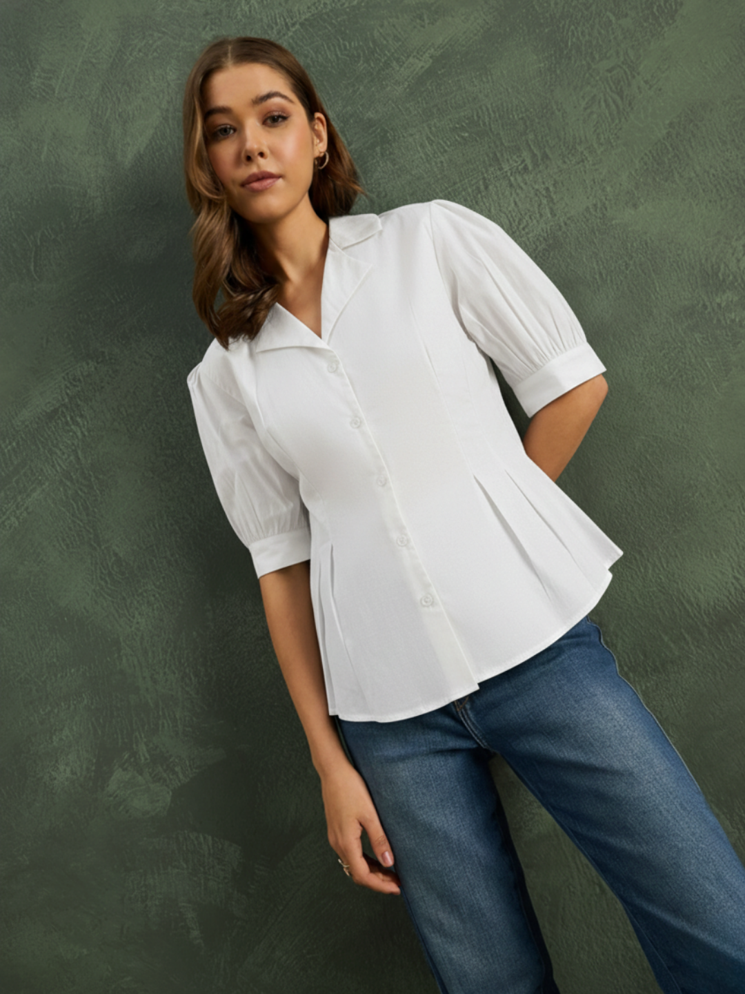 Puff Sleeve Pure Cotton Pleated Shirt