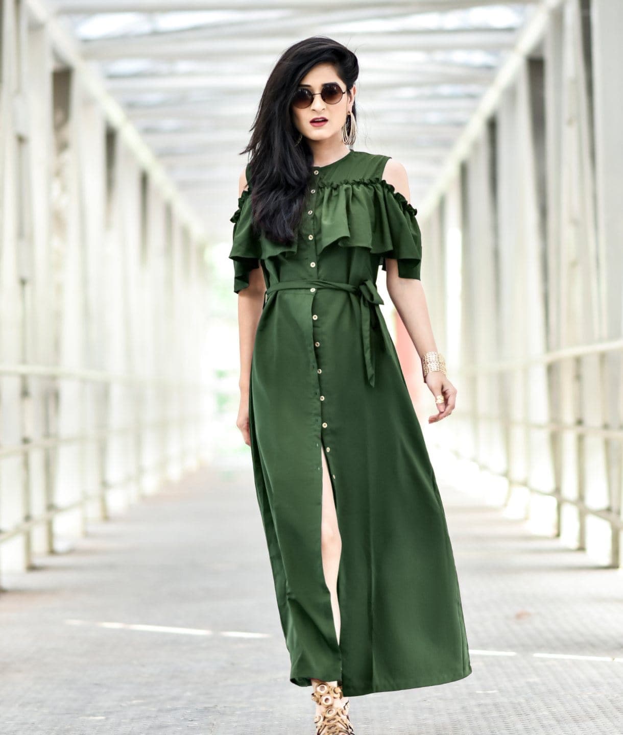 Ruffled Buttoned Cold Shoulder Maxi Dress