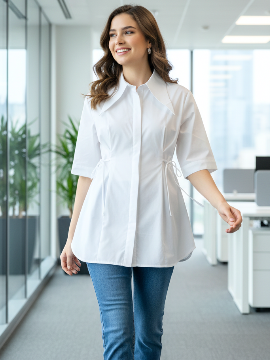 Pure Cotton Cinched Waist Collared Shirt